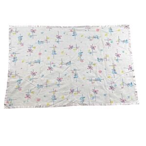 Vintage Comfort Carousel Receiving Blanket‎ Pink Blue Satin Trim 26x36 White 271